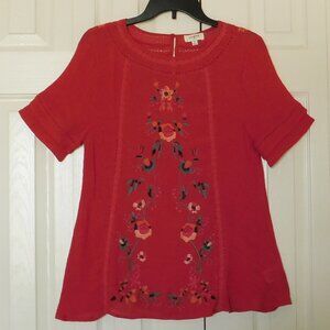 UMGEE USA Embroidered Floral Boho Blouse Short Sleeve Swing Red Womens M